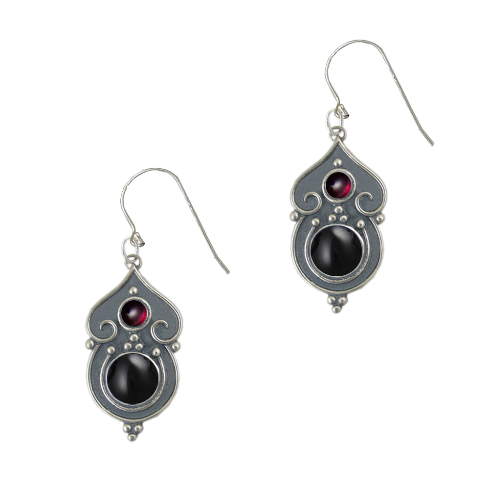 Sterling Silver Gothic Inspired Drop Dangle Earrings With Black Onyx And Garnet